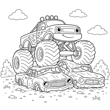 Monstertruck fährt über Autos Ausmalbild