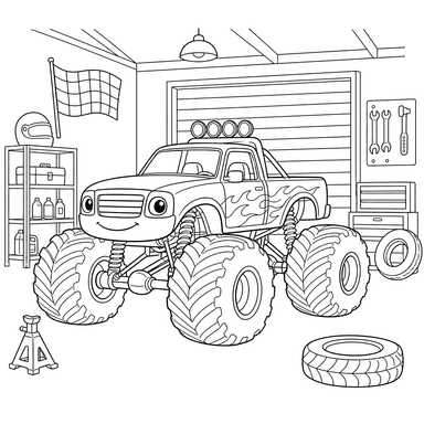 Ausmalbild Monstertruck in der Garage