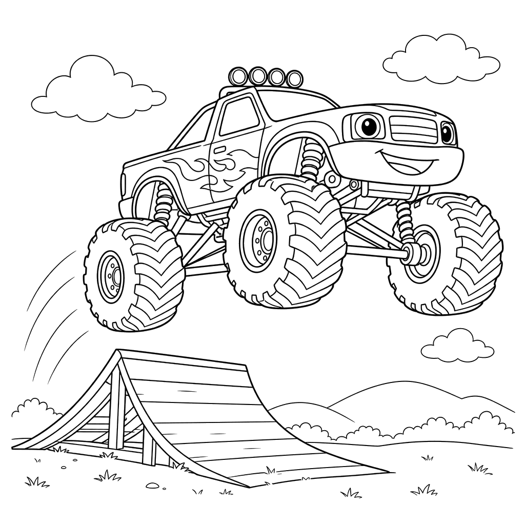 Coloriage Monster Truck saute sur un tremplin