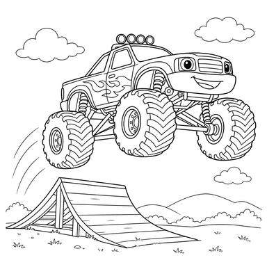 Coloriage Monster Truck saute sur un tremplin