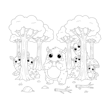 Ausmalbild: Monster spielen Verstecken im Wald