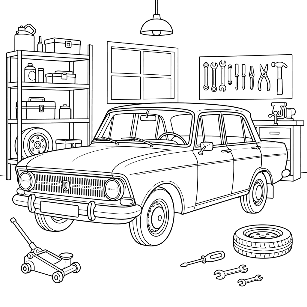 Dibujo para colorear: un Moskvich en un taller de garaje