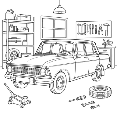 Dibujo para colorear: un Moskvich en un taller de garaje