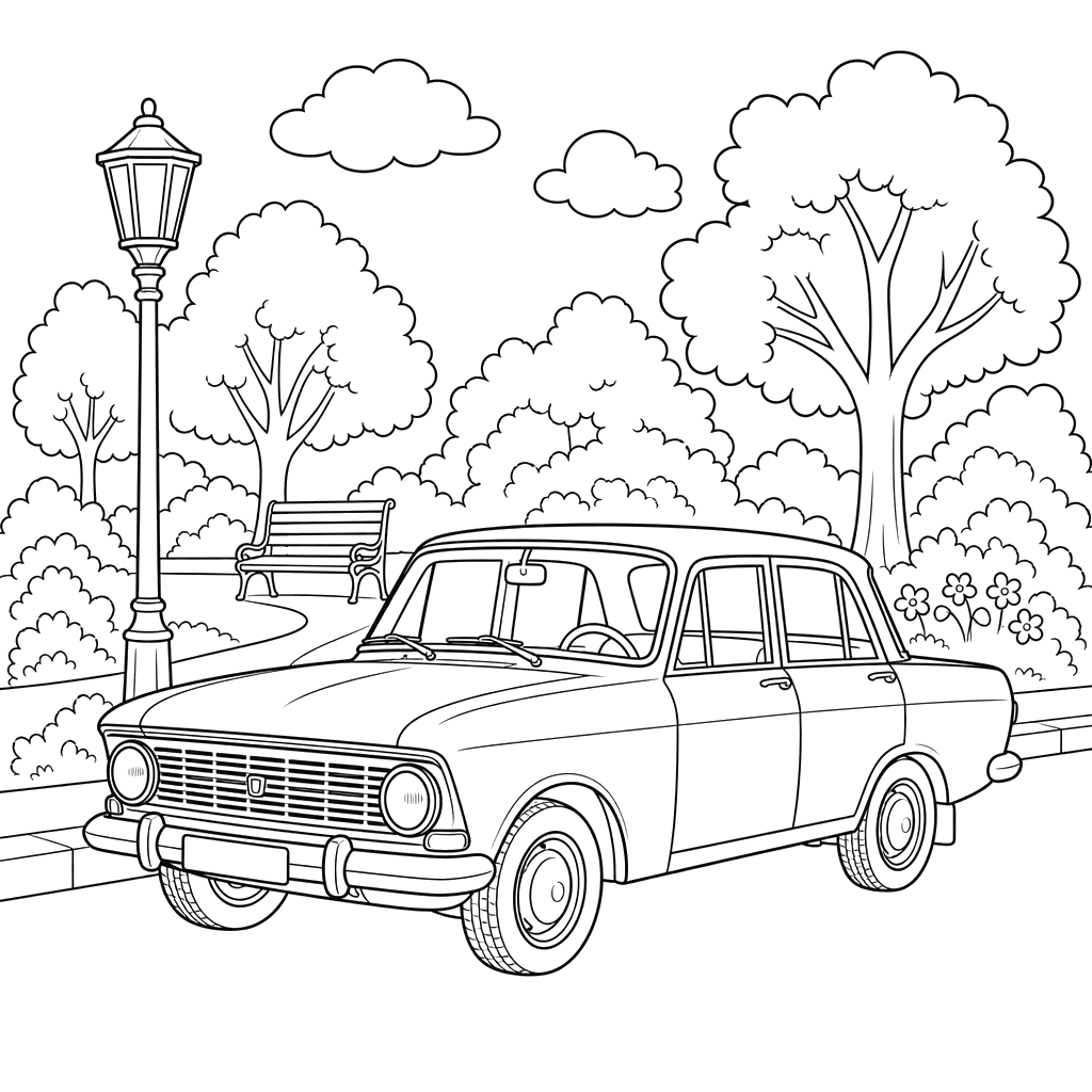 Desenho para colorir: um Moskvich estacionado perto do parque