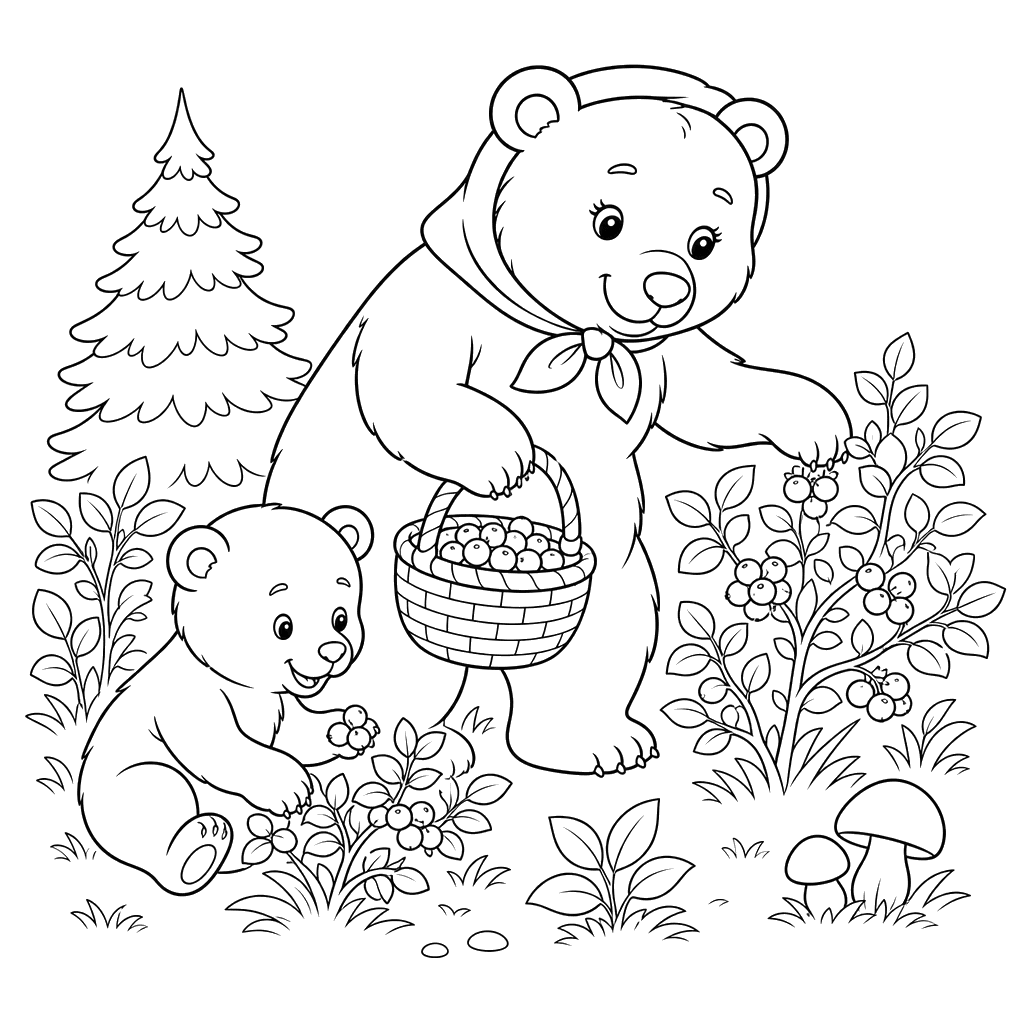 Mother Bear and Cub Gathering Berries