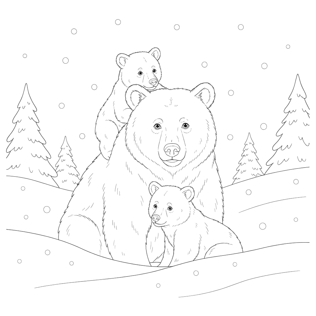 Ausmalbild Bärenmutter und Jungen im Schnee