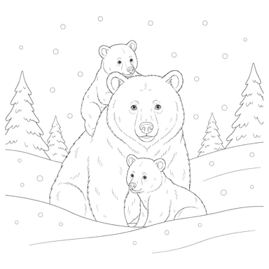 Coloriage Maman Ourse et Oursons dans la Neige
