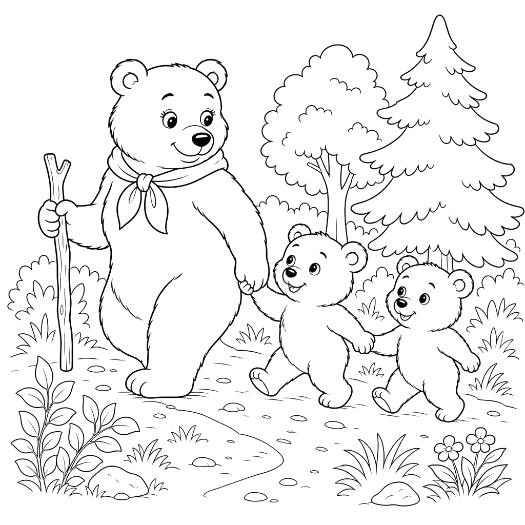 Mother Bear with Cubs on a Forest Trail
