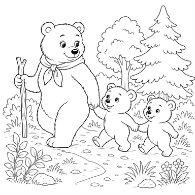 Mother Bear with Cubs on a Forest Trail