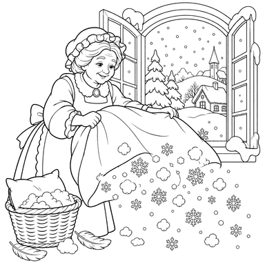 Desenho para colorir da Senhora Holle na janela nevada