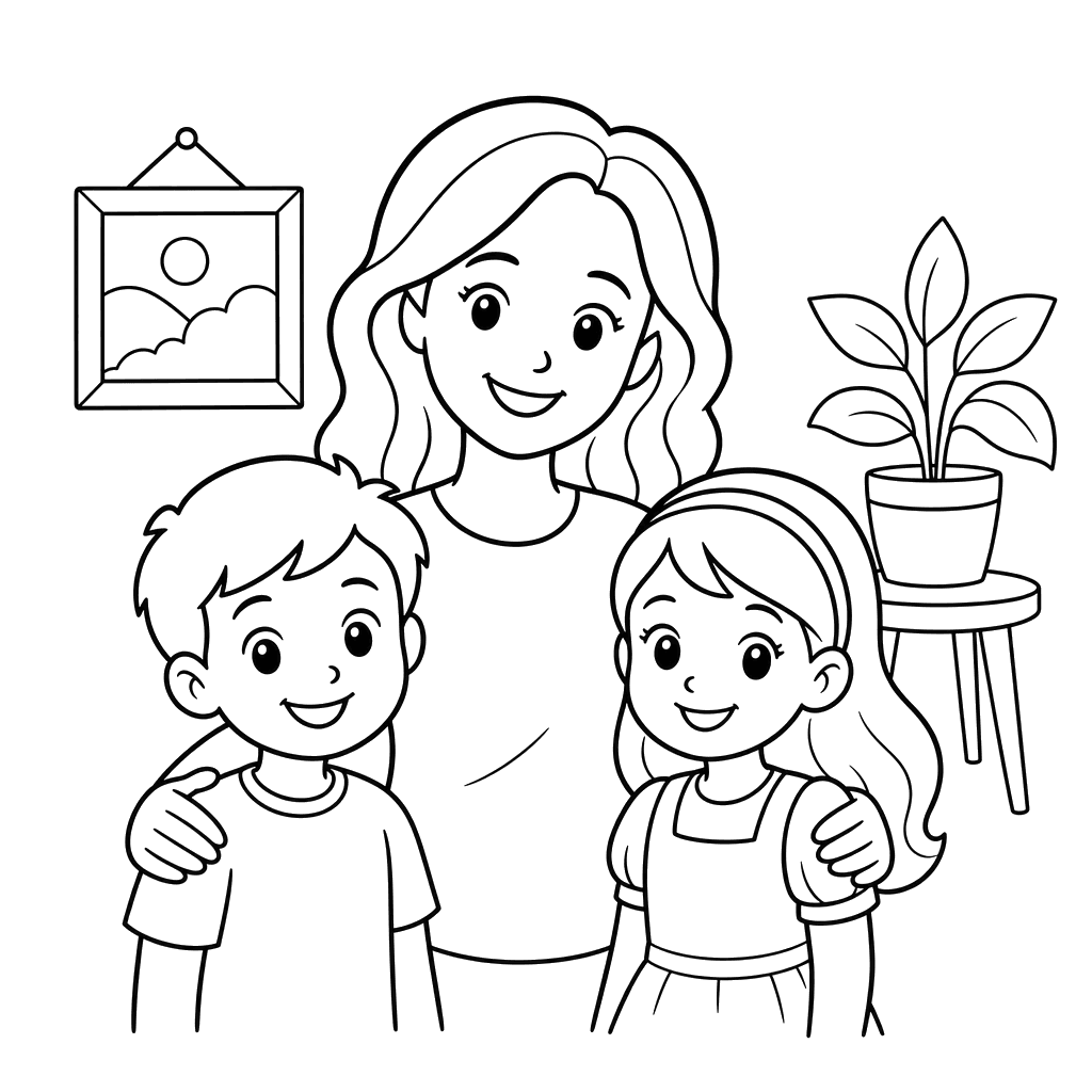 Mama lächelt beim Familienfoto – Ausmalbild