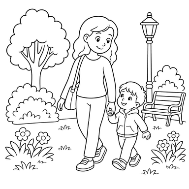 Mama spaziert mit Kind im Park