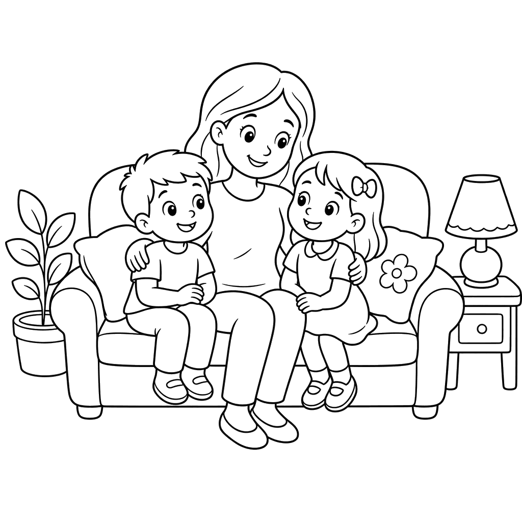 Mama auf dem Sofa mit Kindern
