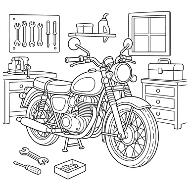 Desenho para colorir de Moto na garagem