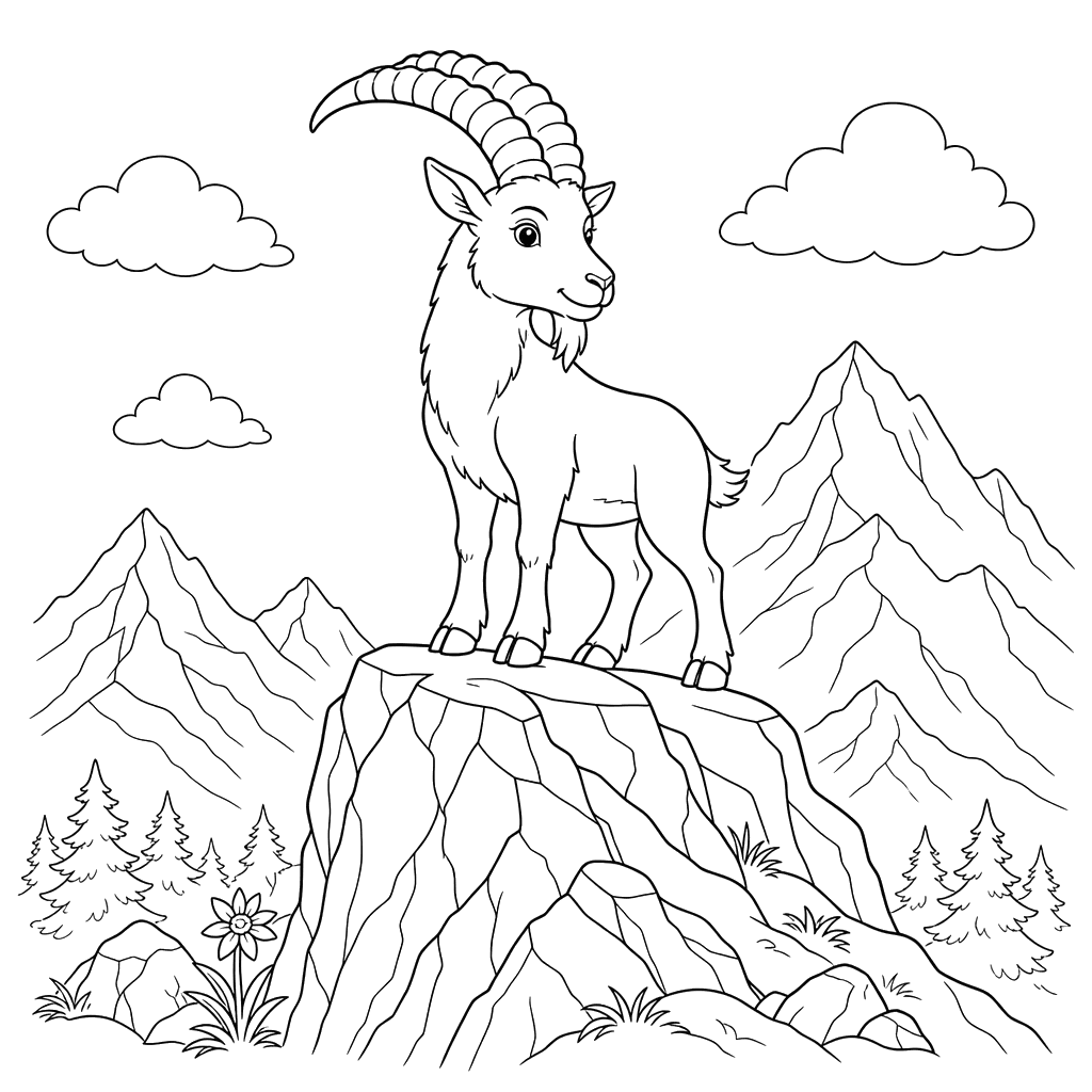 Steinbock auf dem Berg Ausmalbild
