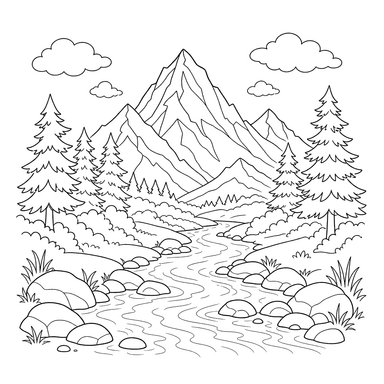 Desenho para colorir: paisagem montanhosa com rio de montanha