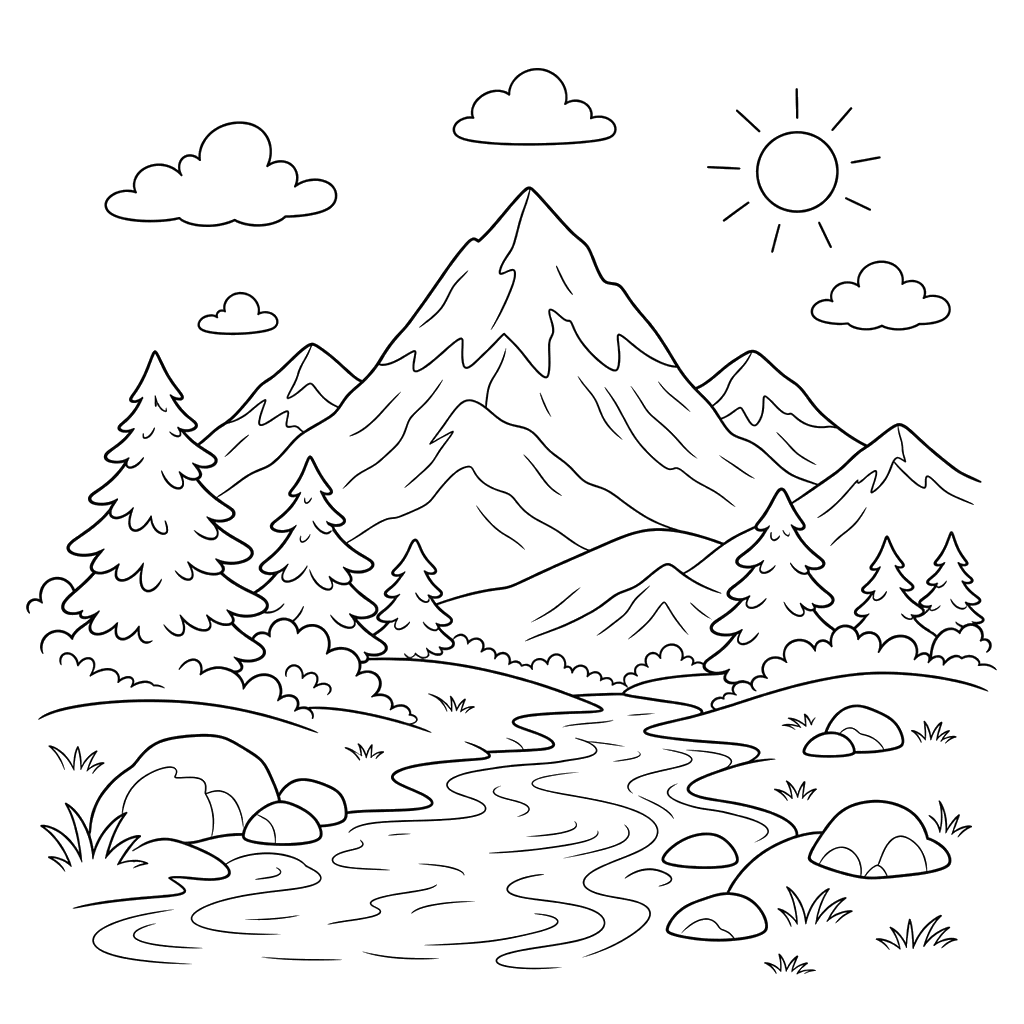 Desenho para colorir: paisagem montanhosa com picos nevados