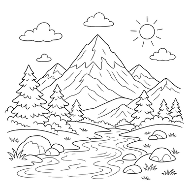 Desenho para colorir: paisagem montanhosa com picos nevados
