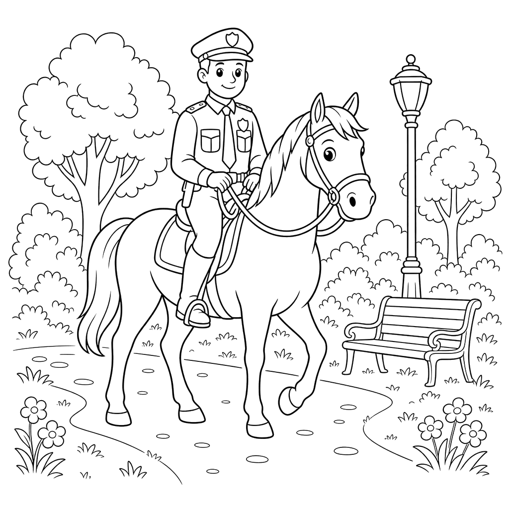 Ausmalbild Polizist auf Pferd im Park