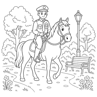 Ausmalbild Polizist auf Pferd im Park
