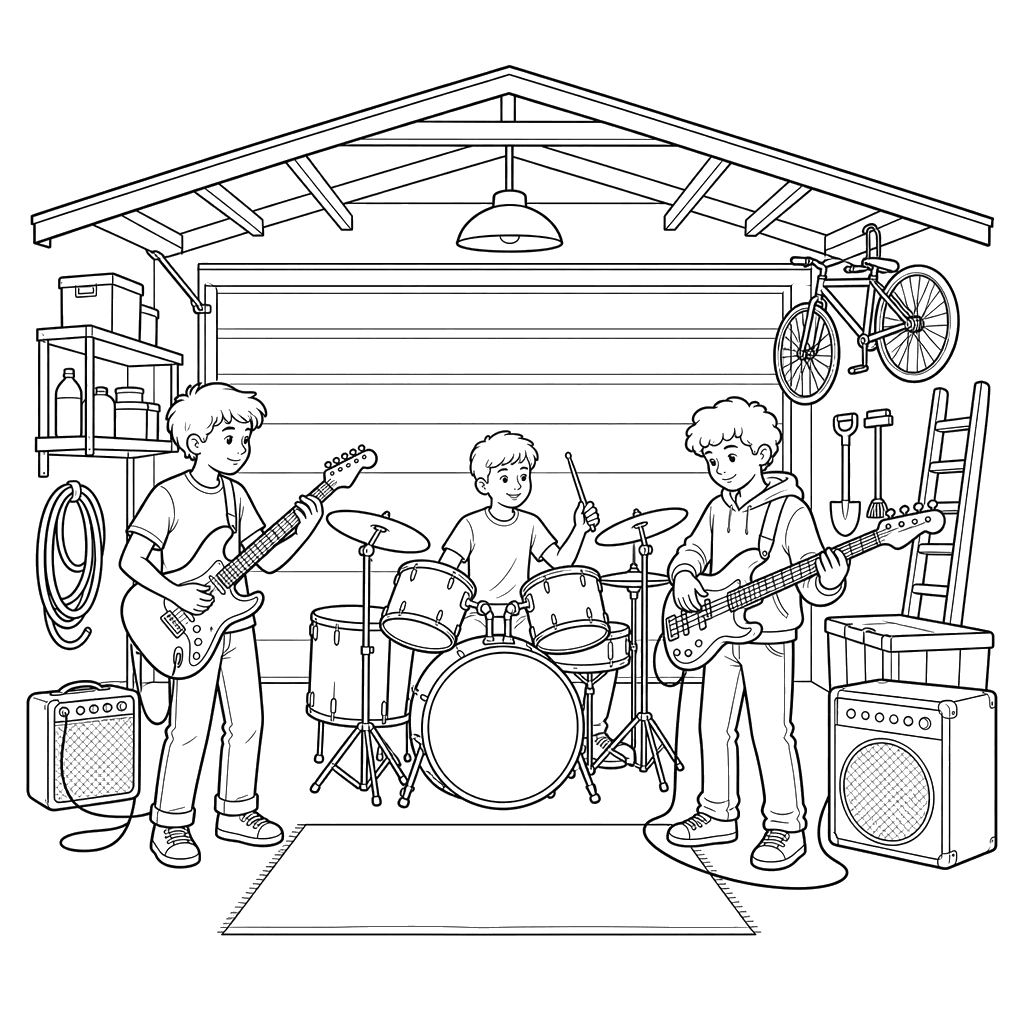 Musiciens répétant dans un garage