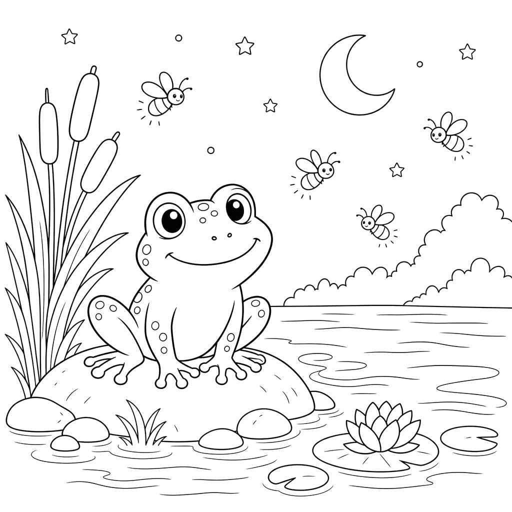 Frosch am Ufer bei Nacht mit Glühwürmchen — Ausmalbild