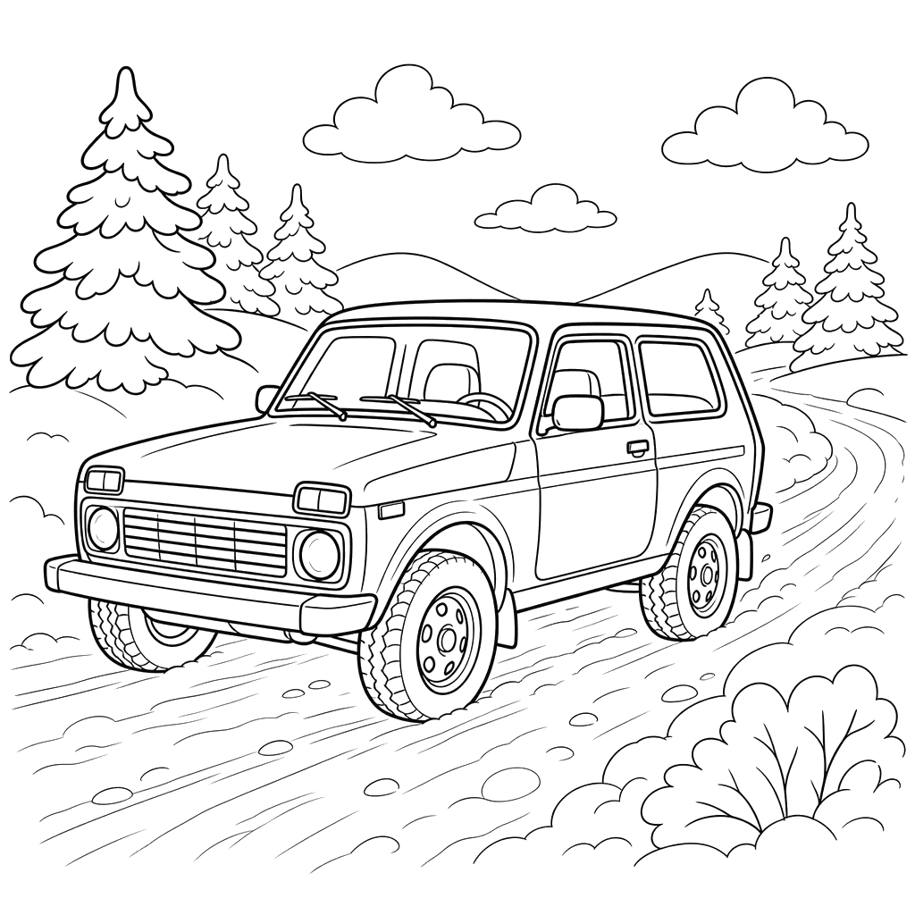 Niva em uma estrada nevada: desenho para colorir