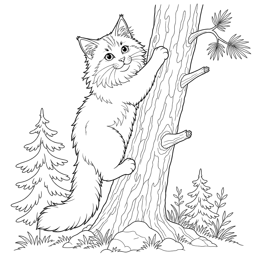 Norwegische Waldkatze klettert auf einen Baum