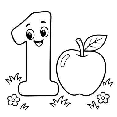 Zahl 1 und Apfel Ausmalbild