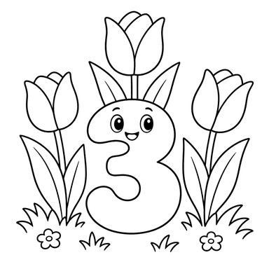 Number 3 with Three Tulips Coloring Page