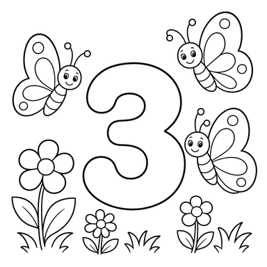Chiffre 3 et trois papillons