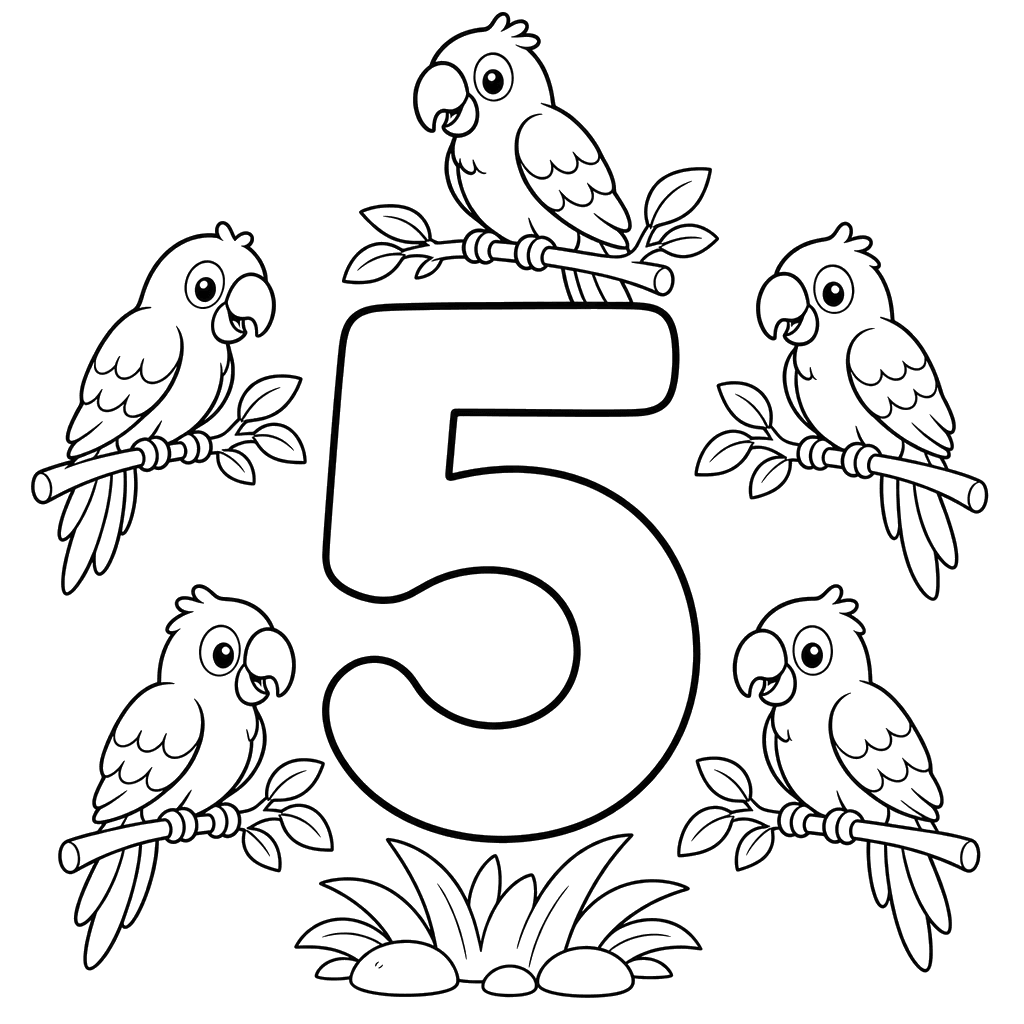 Chiffre 5 et cinq perroquets