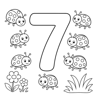 Número 7 e sete besouros — página para colorir