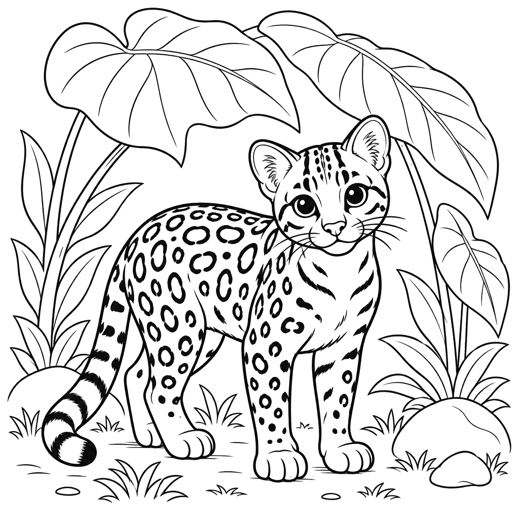 Ocelot Under Big Leaves Coloring Page