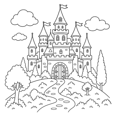 Altes Schloss auf grünem Hügel — Ausmalbild