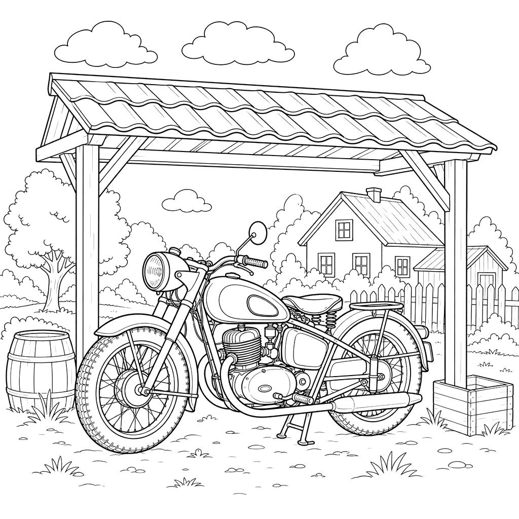 Coloriage Moto Ancienne au Village