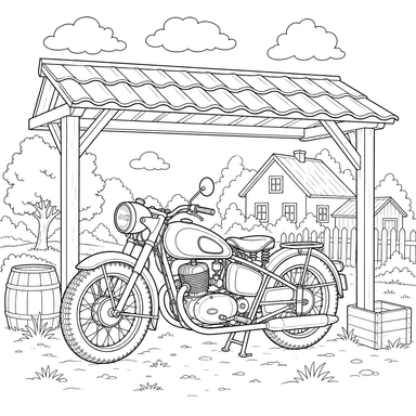 Ausmalbild Altes Motorrad im Dorf
