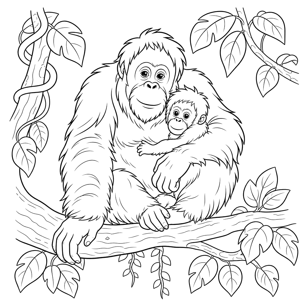 Orangután con bebé — dibujo para colorear