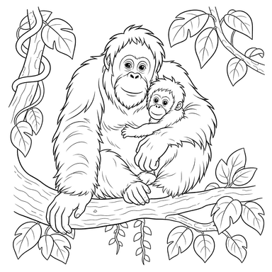 Orangután con bebé — dibujo para colorear