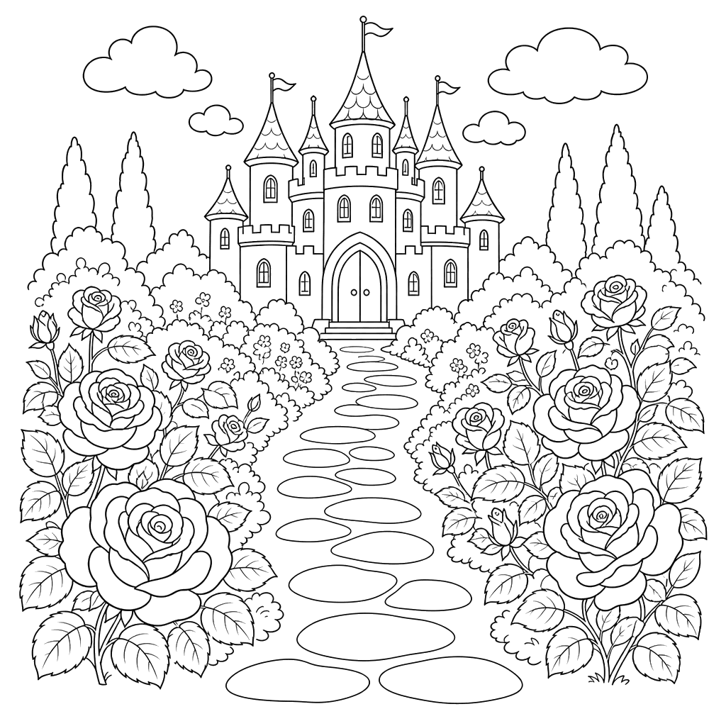 Coloriage Chemin du Jardin de Roses vers le Palais