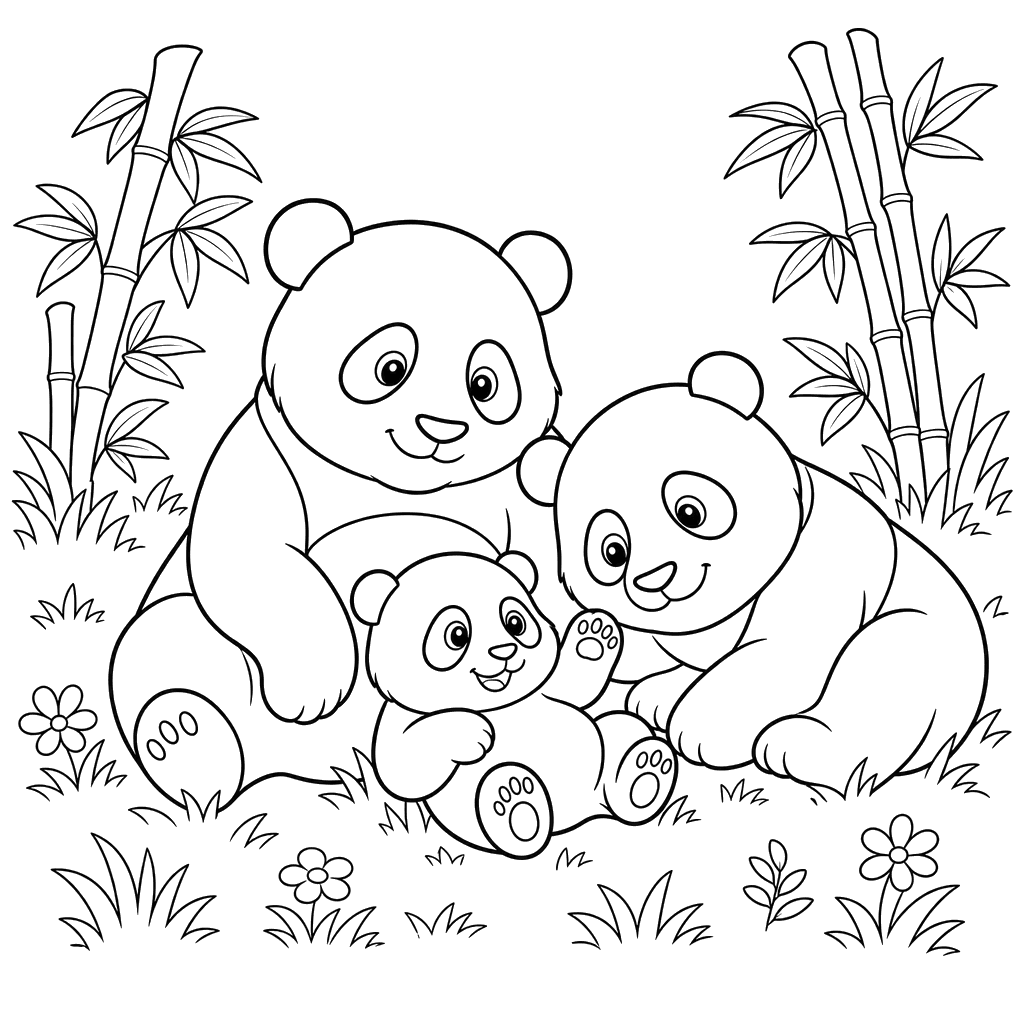 Famille de pandas sur l'herbe
