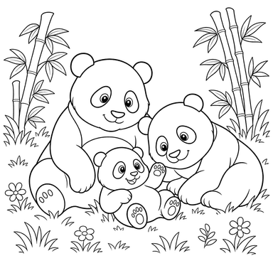 Famille de pandas sur l'herbe