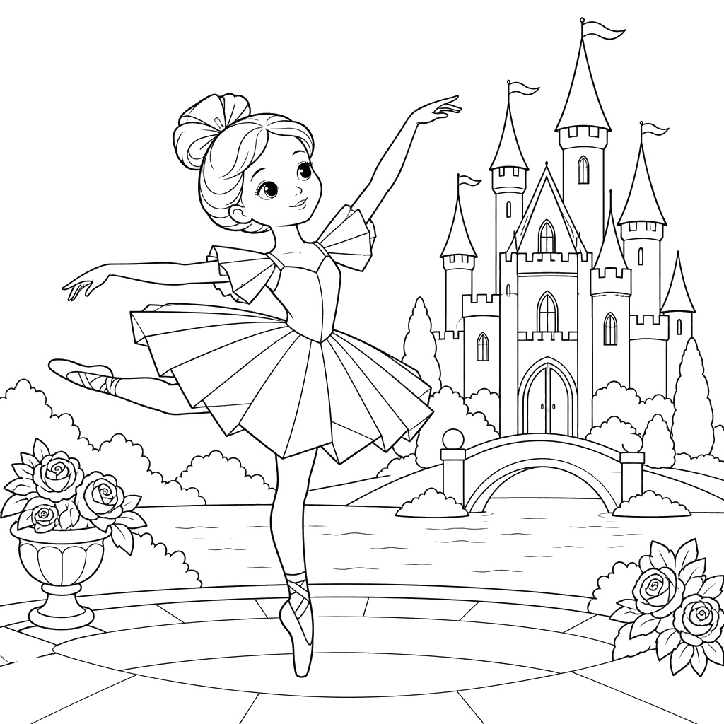 Ausmalbild Papierballerina am Schloss