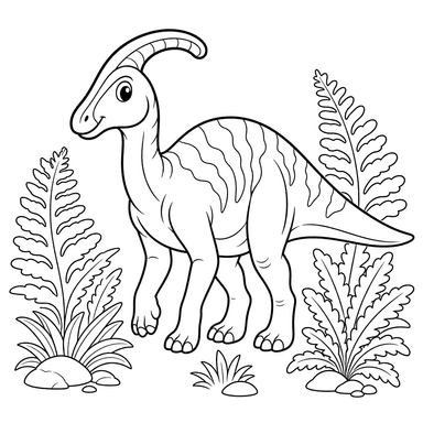 Parasaurolophus zwischen Farnen — Ausmalbild