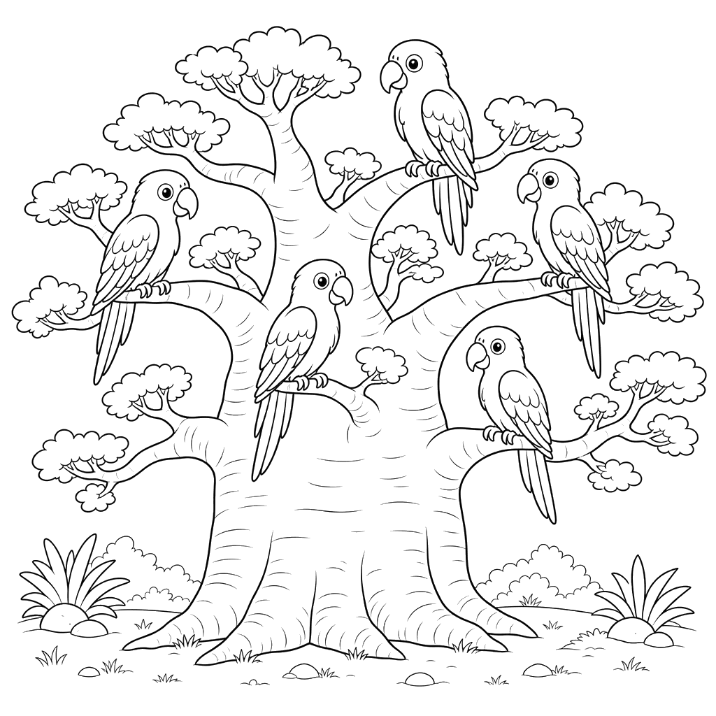 Parrots on a Baobab Tree