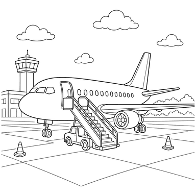 Passenger Airplane with Boarding Stairs