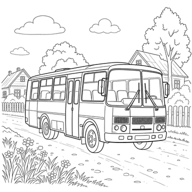 Desenho para colorir: ônibus PAZ em uma rua rural