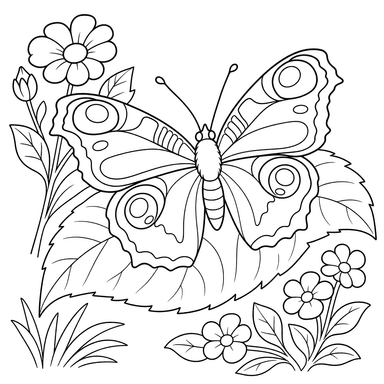 Mariposa ojo de pavo real en hoja — Dibujo para colorear