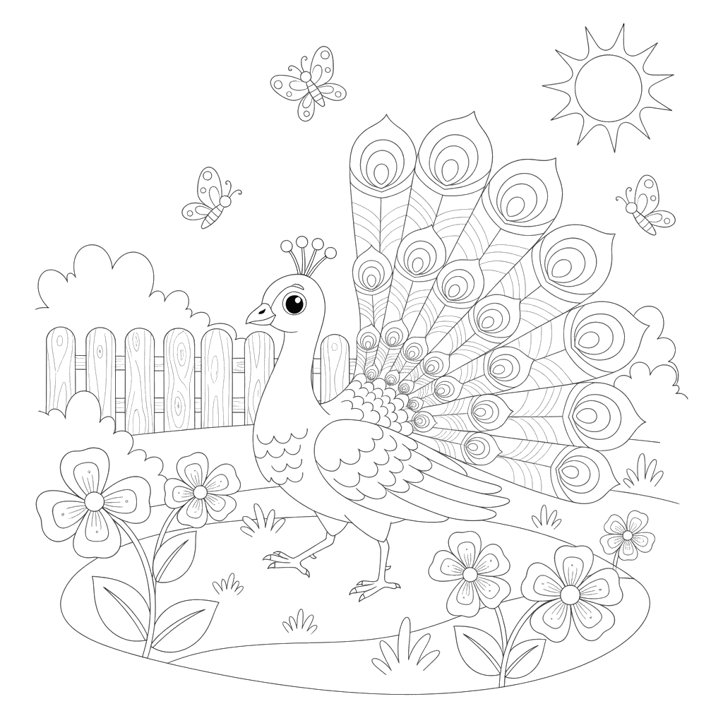 Dibujo de Pavo Real en el Jardín para Colorear