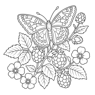 Mariposa perlada en arbusto de bayas — dibujo para colorear